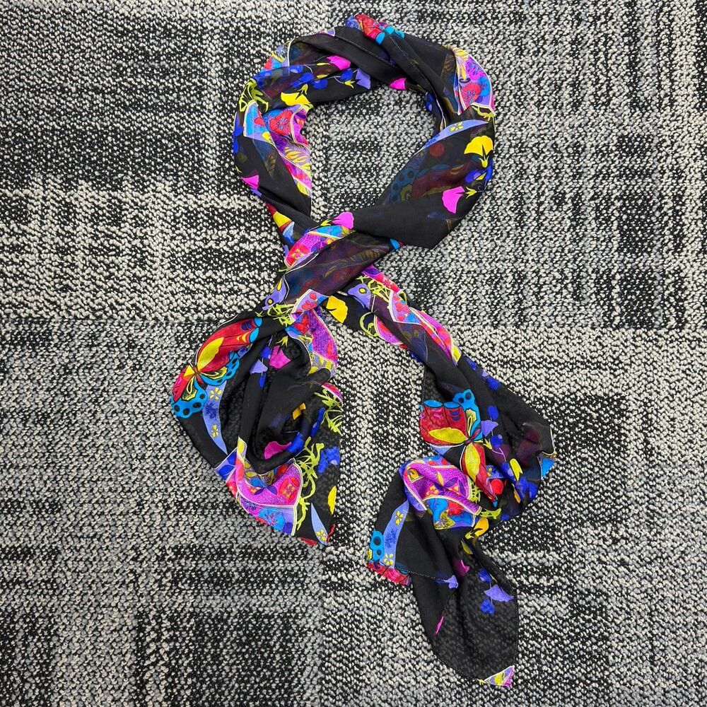 Vintage Chico’s Sheer Floral Butterfly Scarf Black Multicolor Long Oblong Wrap